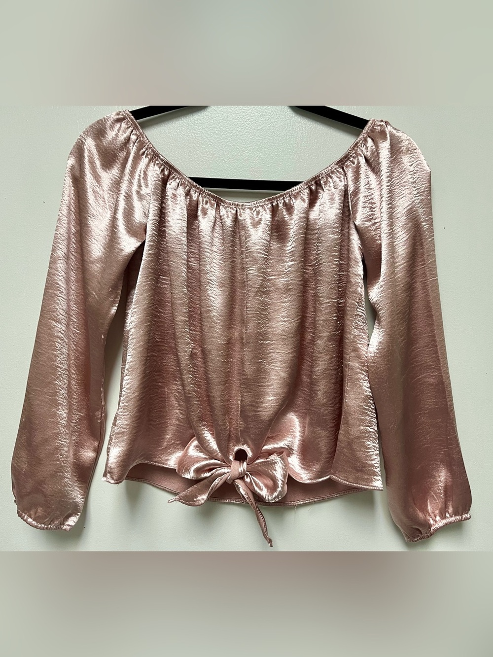 Charlotte Russe Shimmery Rose Satin Off-Shoulder Tie-Front Blouse